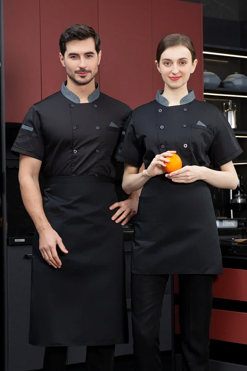 Uniforme de Chef de cocina, camisa de chef de manga corta para cocinero de hotel y panadería, chaqueta de Chef transpirable con doble botonadura, ropa de servicio de comida con logo