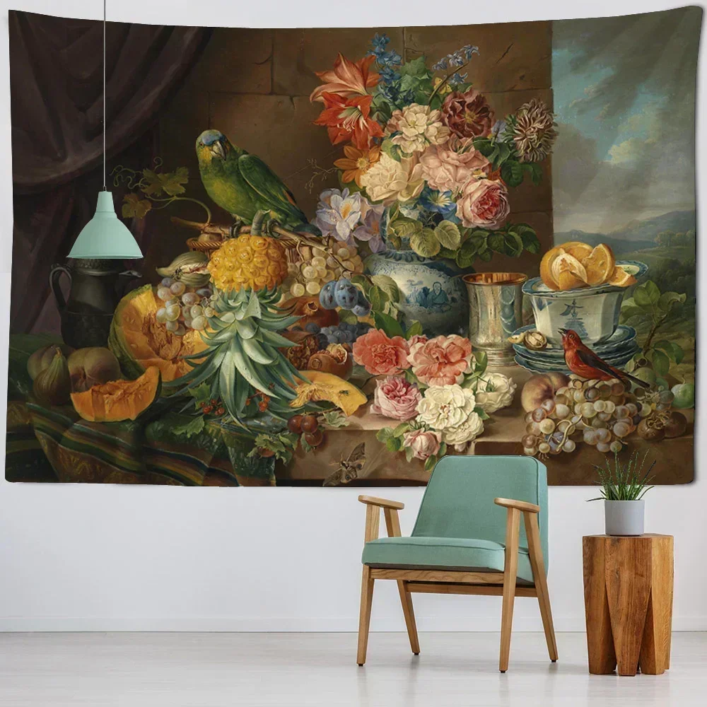 Flower and bird oil painting tapestry European retro art hanging cloth psychedelic scene wall hanging Bohemian home decoration