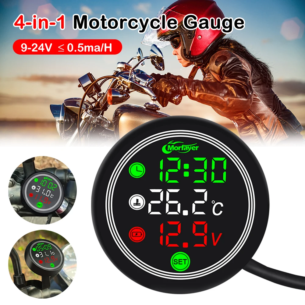 

9-24V Motorcycle Thermometer LED Digital Display Electronic 4 In 1 Water Temperature Meter Voltmeter Gauge Low Voltage Alarm