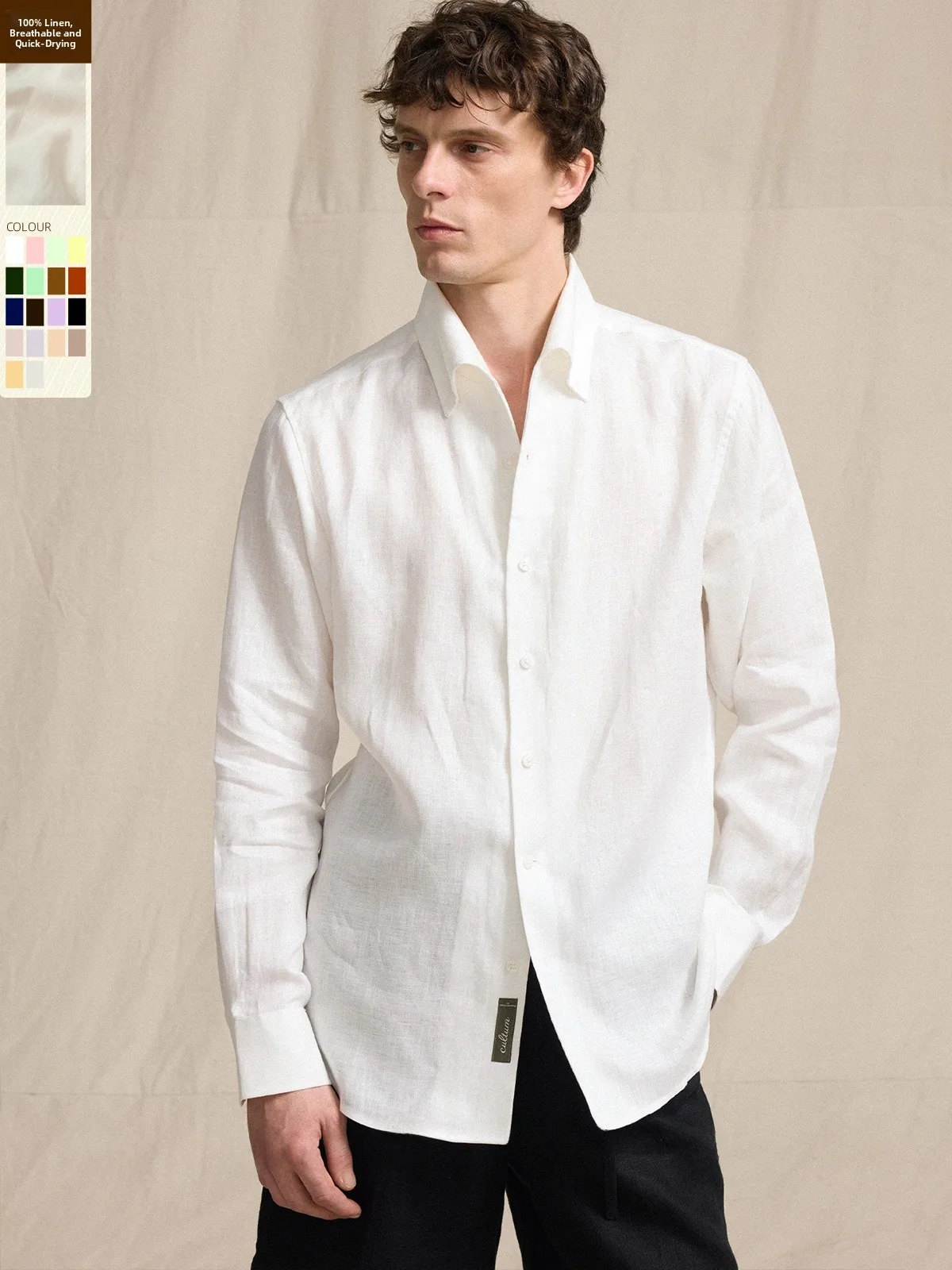 

Cultum Men's Long Sleeve Shirt Breathable Linen One-Piece Collar Business Casual Machine Washable Standard Fit Four Seasons
