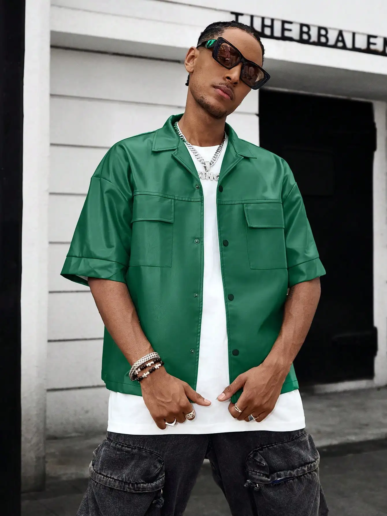 

Men's Green Faux Leather Short Sleeve Button-Front Casual Shirt