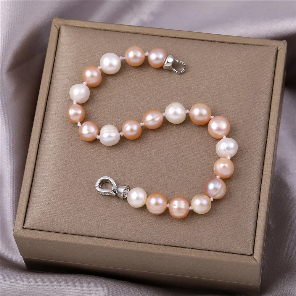 JUYA Real Freshwater Natural Pearl Bracelets For Women Men Pink White Color Round Strand Bracelet Fashion Jewelry Gift