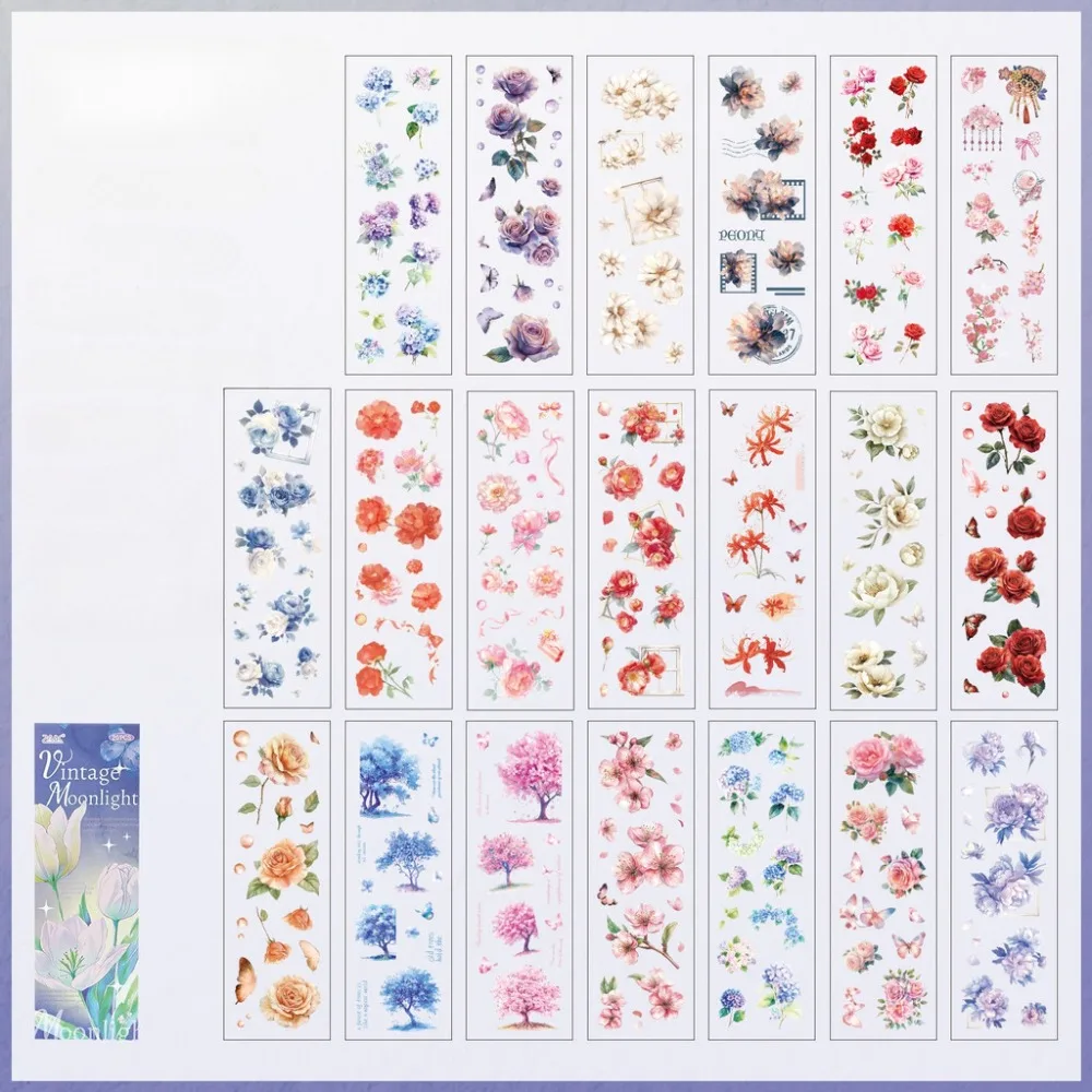 20 Sheets Flowers Scrapbook Stickers Flower Design Transparent Girls Craft Stickers Removable PET Material