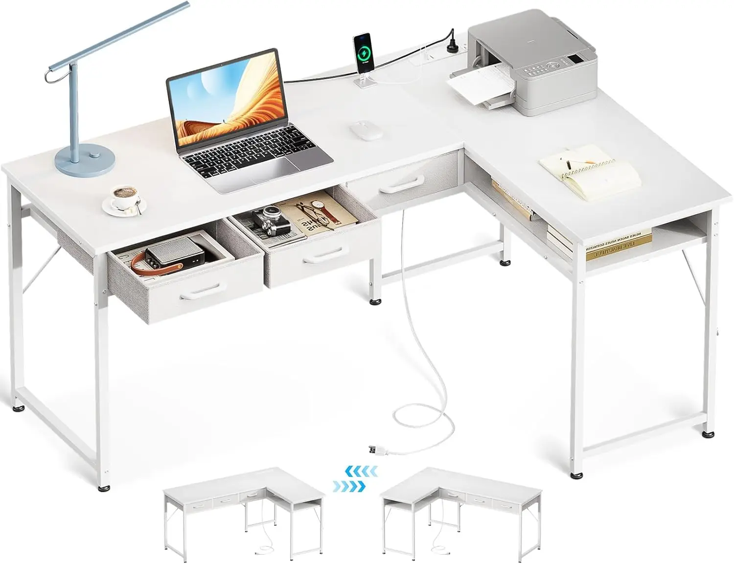 Mesa com 3 gavetas e tomadas elétricas, mesa branca de 47" com prateleira de armazenamento, mesa de canto com espaço espaçoso sob a mesa, escritório doméstico