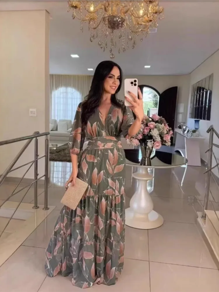 

Spring Dresses For Ladies 2026 Party Dress For Woman Vestidos Woman Elegant Temperament Holiday V-link Tighten The Waist Printed