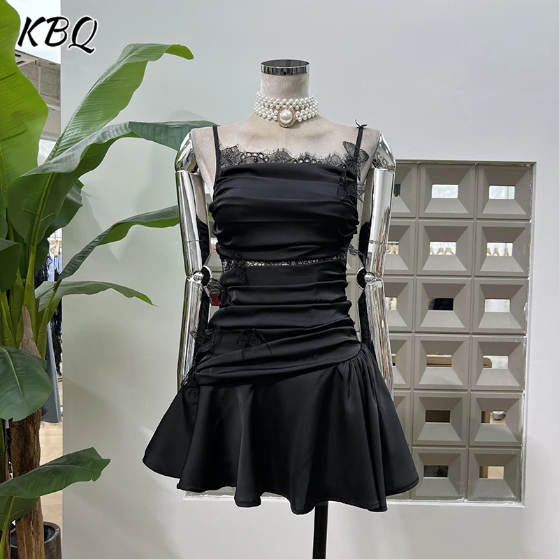 

KBQ Solid Spliced Lace Slimming A Line Dresses for Women Square Collar Sleeveless High Waist Pure Desire Wind Dress Female New