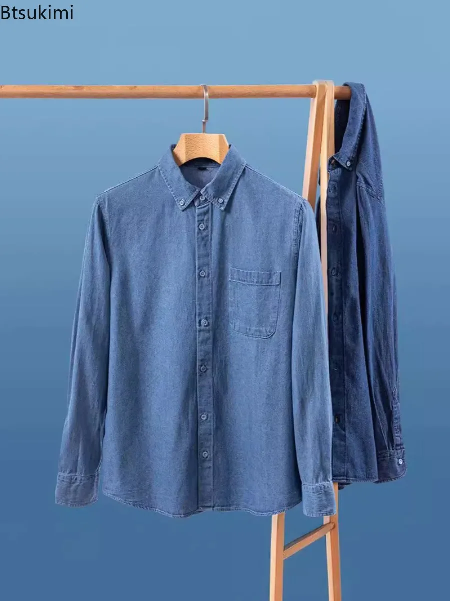 

New 2025 Men's Denim Long-Sleeve Single Pocket Design Shirts Classic 100% Cotton Tops Fashion Embroider Comfortable Men Clothing