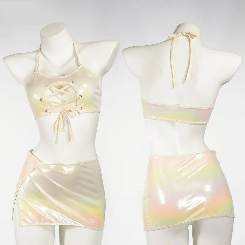 

Holographic Maid Lingerie Set with Open Front Design, Sexy Tie-Detail Haltered Babydoll & Mini Skirt for Role Play