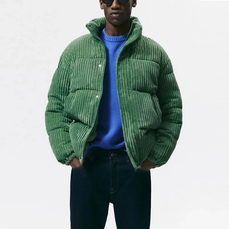 Warm Cotton Jacket Men's Winter Fashion Retro Corduroy Bread Style Coat Thickened Zipper Closure Standard Fit Casual Outerwear