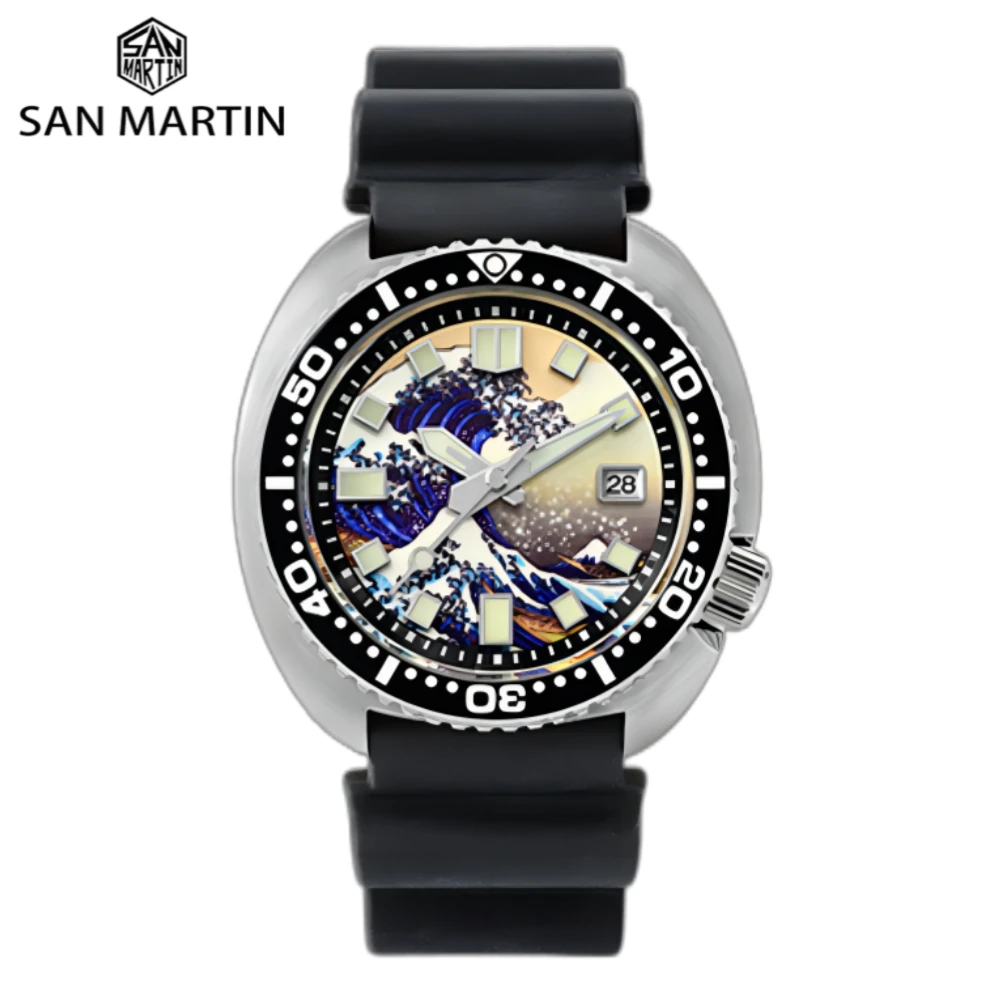 San Martin Diver Watch 6309 Turtle 20Bar Stainless Steel Men Automatic Mechanical Sapphire Rubber Strap BGW9 Luminous SN0057