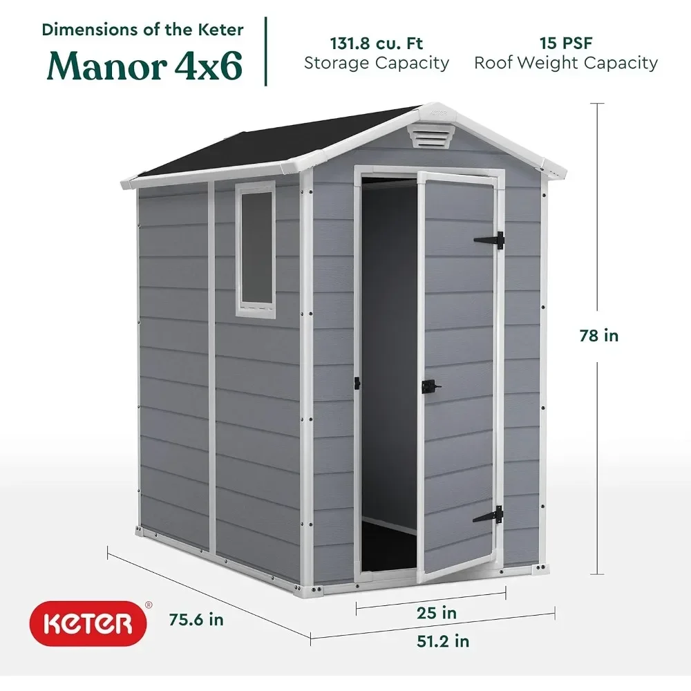 Manor 4x6 Resin Outdoor Storage Shed Kit-Perfect To Store Patio Furniture,Garden Tools Bike Accessories,Beach Chairs and Lawn