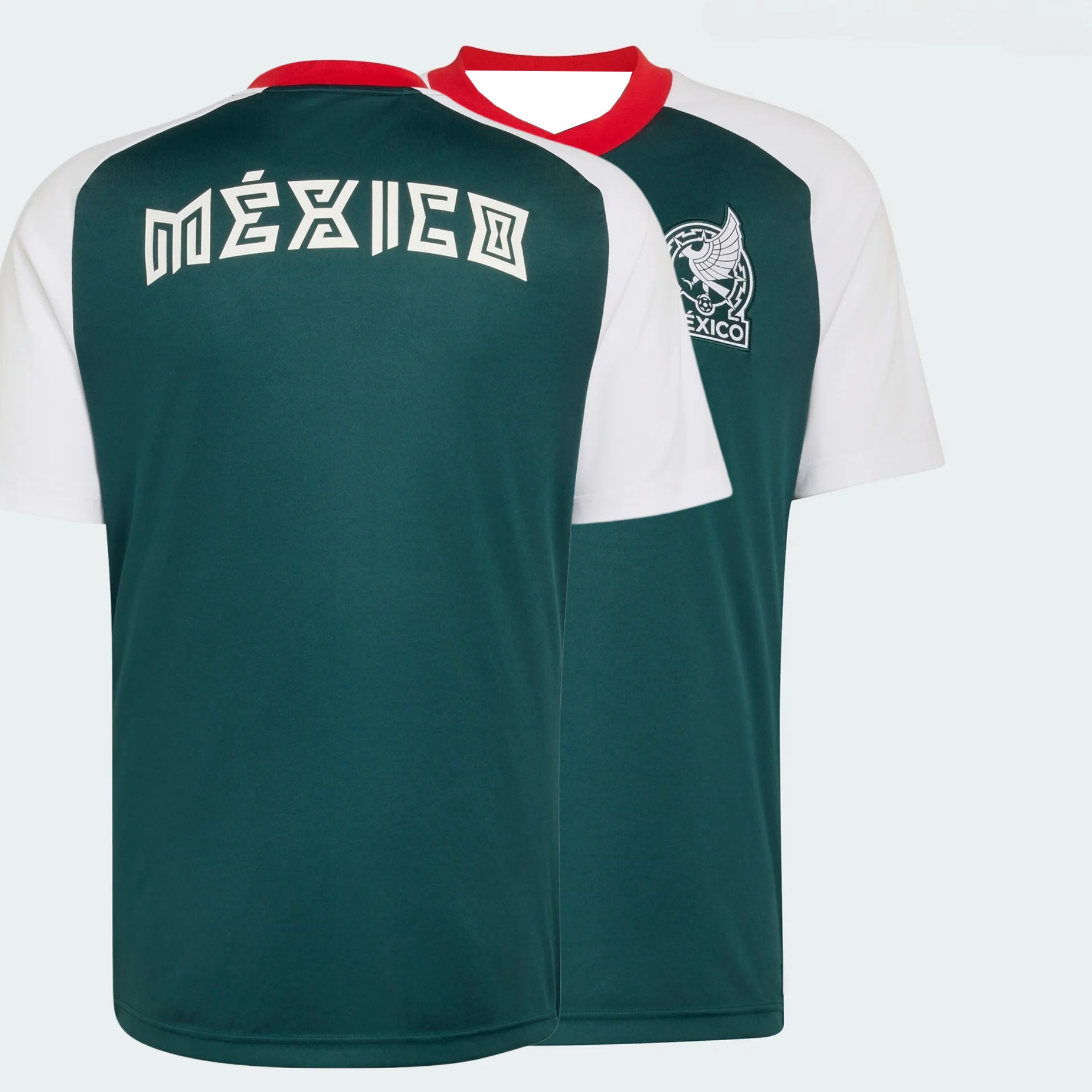 Camisa de Futebol Masculina do México Verde e Branca Raglan com Emblema da Águia FMF, Camisa de Futebol com Fonte Asteca MÉXICO para Dia de Jogo e Streetwear