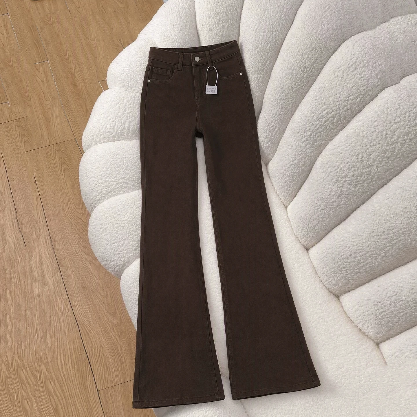 Slim Fit Brown Denim Jeans High Waist Zipper Closure Cotton Stretch Fabric Wear Resistant Straight Leg Bell Bottoms for Women