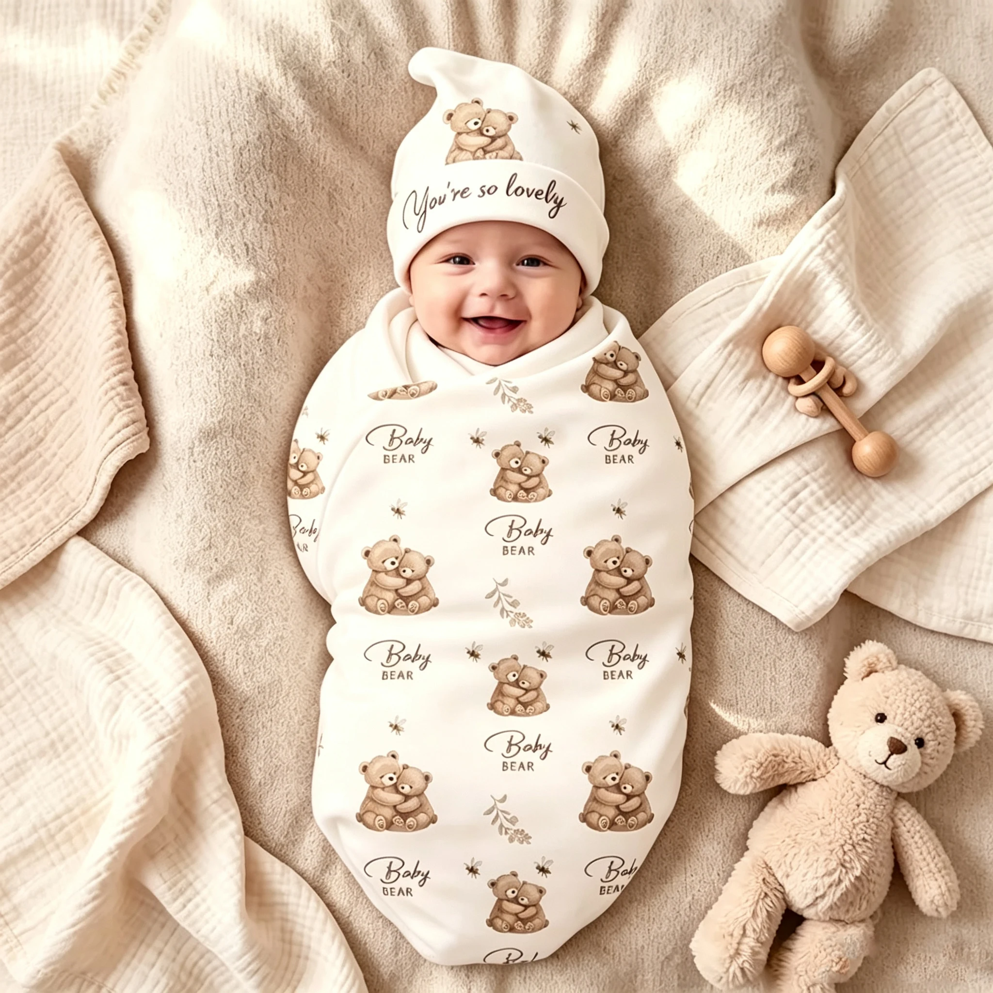 Neutral Bear Series Newborn Swaddle Blanket Knotted Hat Set 32×32in Soft Skin Friendly Baby Receiving Blanket Unisex Photography