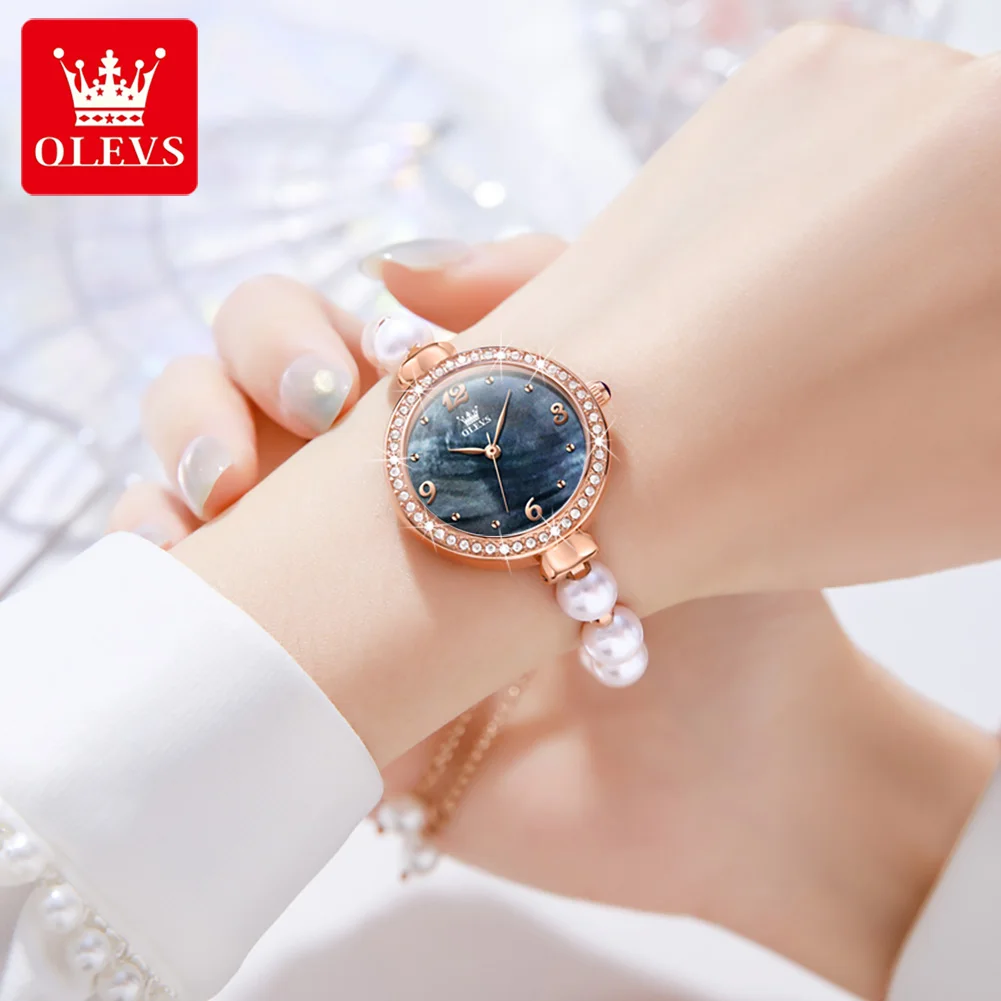 OLEVS Original Luxury Pearl Bracelet Chain Quartz Wrist Watch for Women Top Brand Ladies Waterproof Watches Gift Sets for Girls