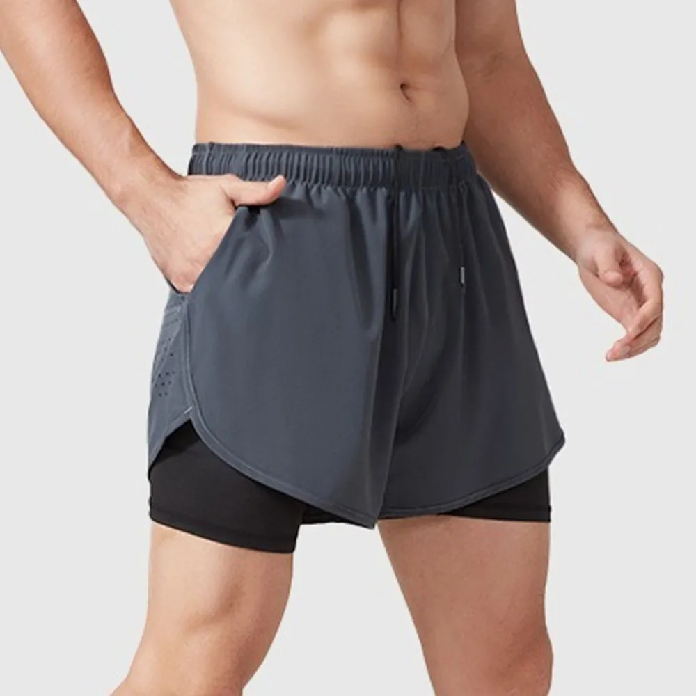 

Washable 2 in 1 Sports Shorts Reflective Stripe with Pocket Men's Sportswear Breathable Quick Dry Cycling Shorts Gym