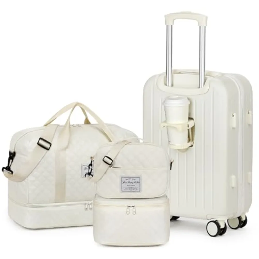 

Luggage Sets for Women Men 4 Pcs - Carry on Hardside Suitcase 20inch with USB Port, 360° Spinner Wheels, Duffel Bag, Cup Holder