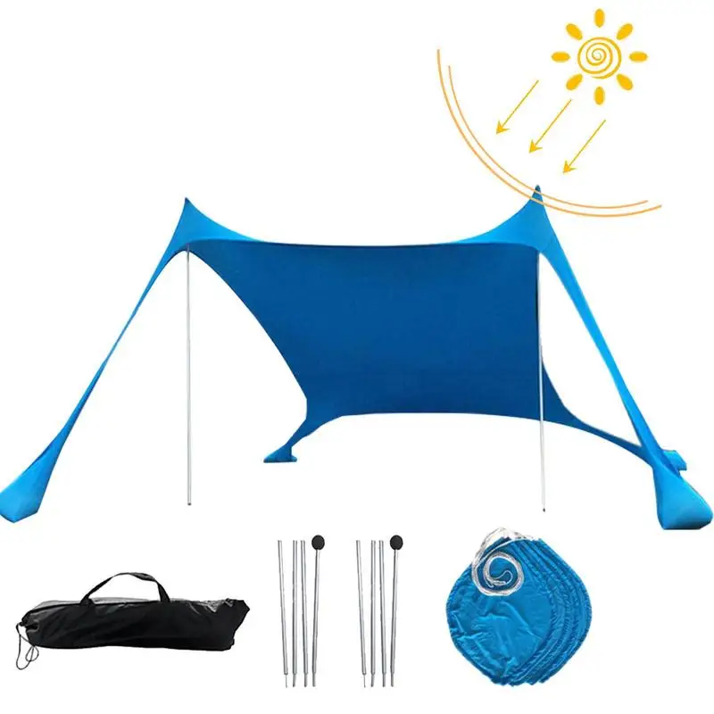 

Family Beach Canopy Large Beach Sunshade Tent With Stability Poles 98%UV Outdoor Shade For Beach Camping Party And Picnics