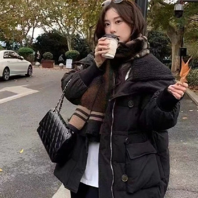 

Korean Style Fashion Cotton Coat for Women Loose Casual Mid Length Large Pockets Waist Cinch Outerwear