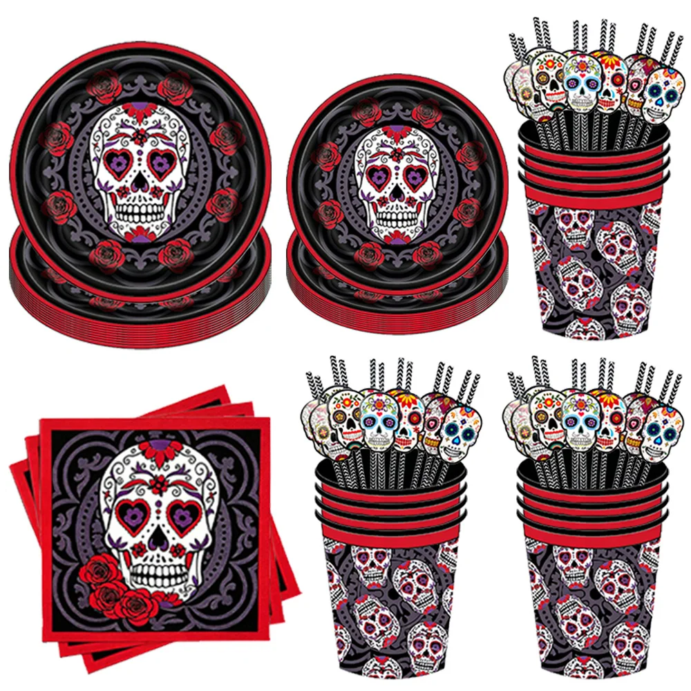 Mexikanischer Tag der Toten Blumen-Rosen Schwarz-Rot Totenkopf Einweggeschirr Teller Servietten Becher Halloween-Party Deko-Zubehör
