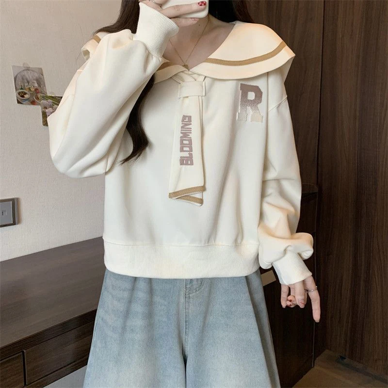 Preppy Style Autumn Sweatshirts Women Loose Sailor Collar Tie Pullovers Casual Fall Winter Fashion Letter Print Long Sleeve Tops