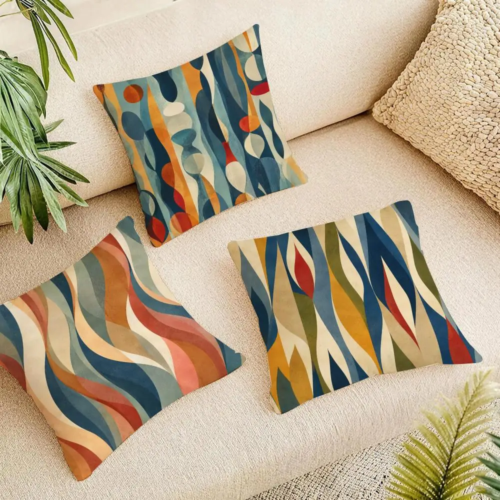 Retro Geometric Mid-Century Modern Cushion Cover Natural Linen Organic Fabric Double-Sided Printing Breathable For Home Decor