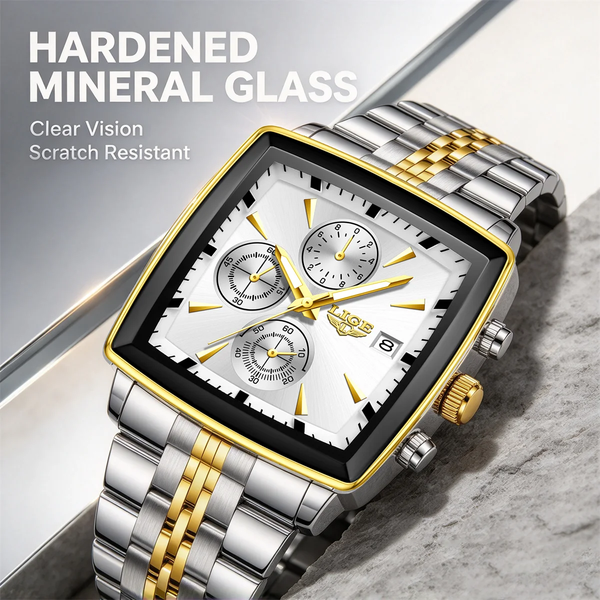 LIGE Luxury Square Dial Men Quartz Wristwatch Fashion Stainless Steel Man Business Watches With Calendar Reloj Hombre Box