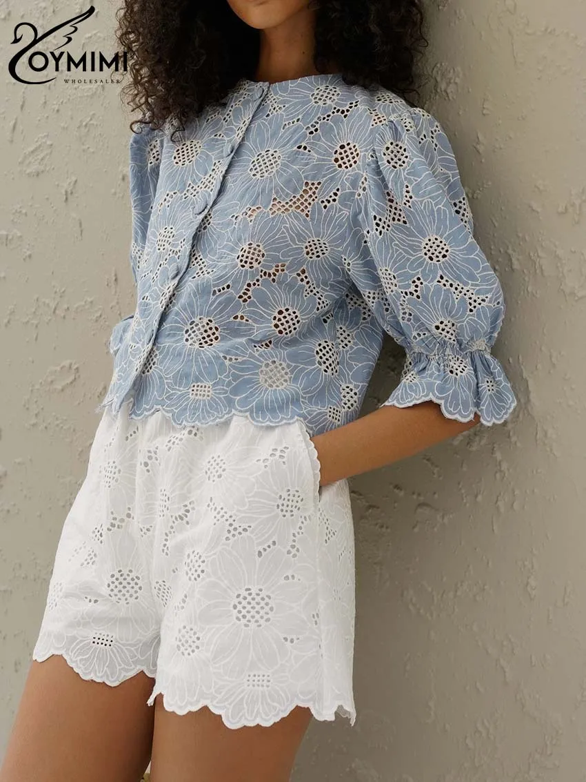 Oymimi-camisa con estampado azul para mujer, camisa elegante de media manga con cuello redondo, de algodón con botonadura única, para verano y otoño