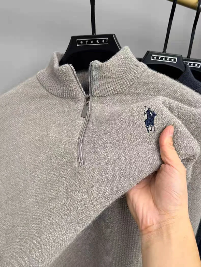 Maglione lavorato a maglia da uomo di marca di fascia alta di lusso Paul pony ricamo peluche addensare autunno inverno caldo pullover con colletto alla coreana con mezza cerniera
