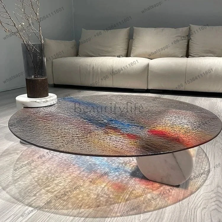 Light Luxury High-End Water Ripple Coffee Table Crystal Glass Round Round Coffee Table Minimalist Marble Round Table