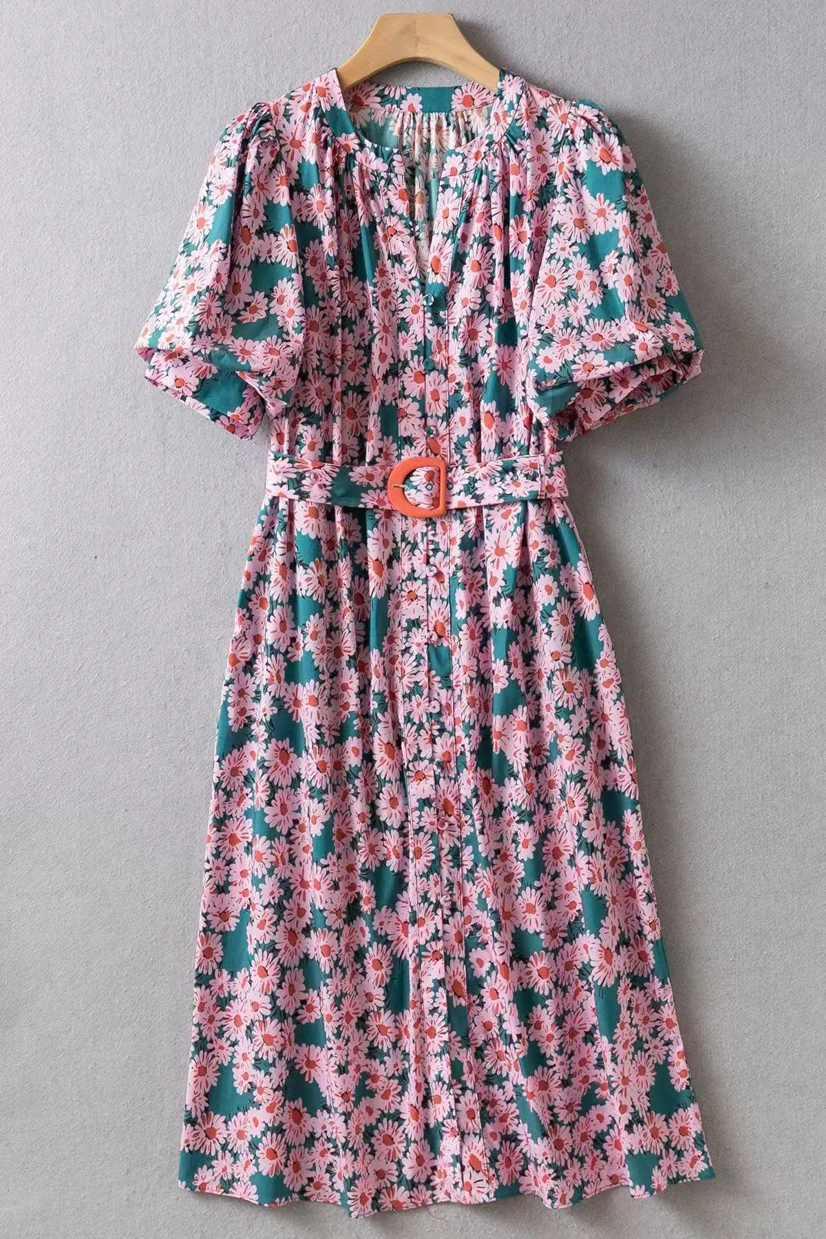 

Pink Blue Daisy Print Dress | V-Neck Lantern Sleeve Stretch Cotton Dress | XS-XL