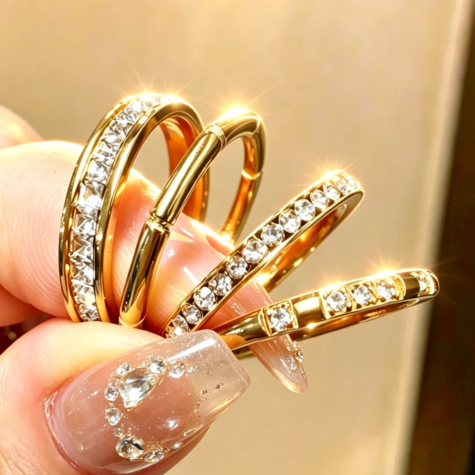 Yupsk 4pcs/set Fashion Golden Stainless Steel Stackable Rings for Women Sparkling Geometric Zircon Simple Ring Gift
