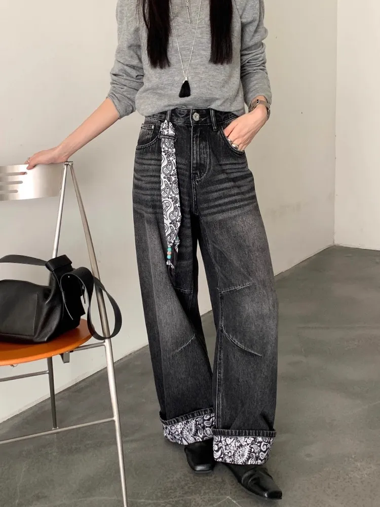 Y2K – jean à couteau incurvé épissé avec fleurs de cajou pour femme, jean amincissant, délavé, jambes droites, automne