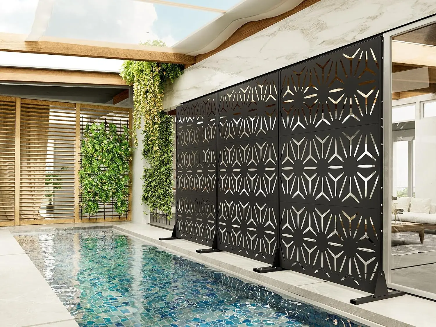 Freestanding Metal Privacy Screen 72 in H X 44 in W, Laser-Cut Galvanized Steel Outdoor Divider for Deck, Balcony, Patio, Garden & Indoor Use view 4