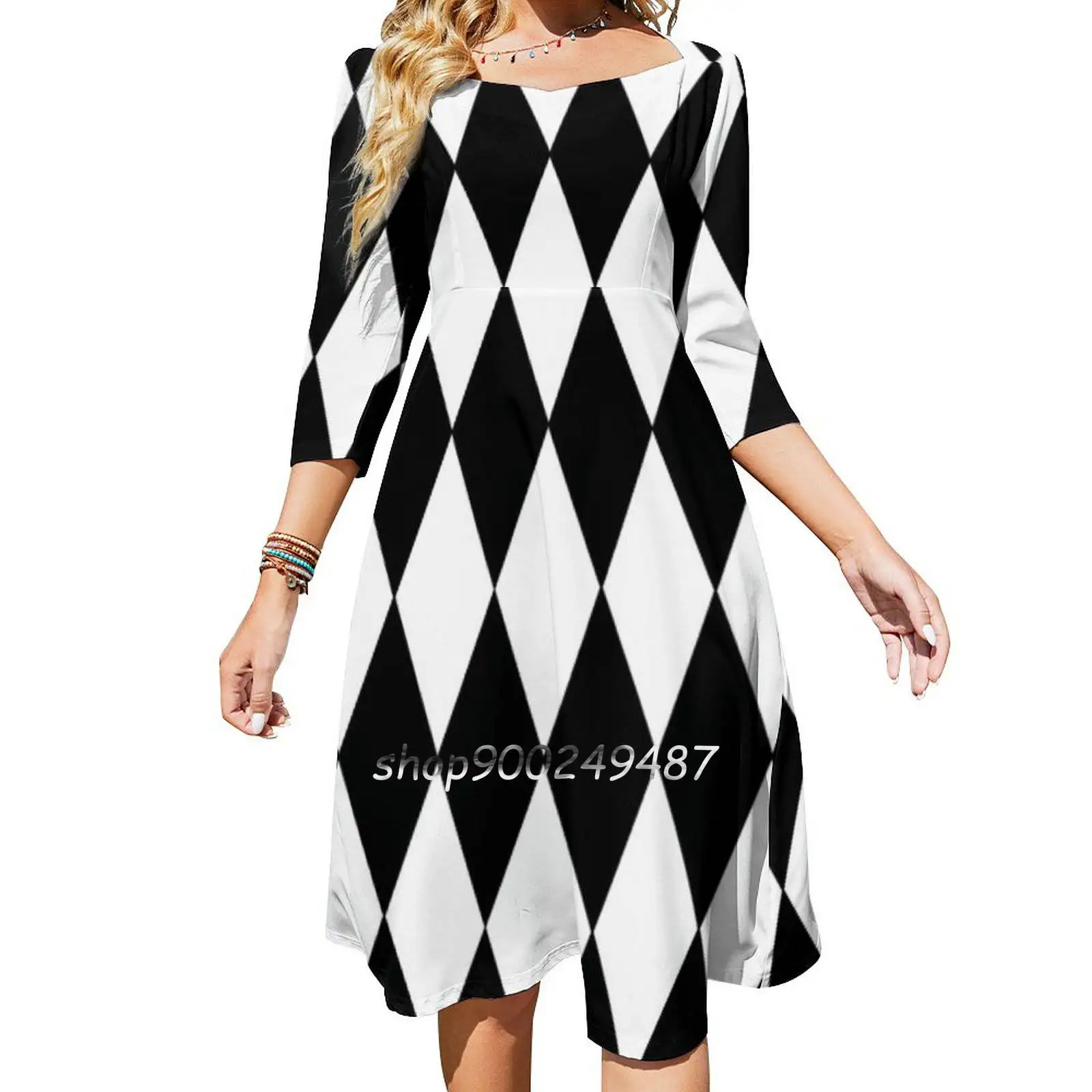 

Large Black And White-Diamond-Argyle Pattern Designed For Square Neck Dress Sweet Summer Dress Women Elegant Halter Print Dress