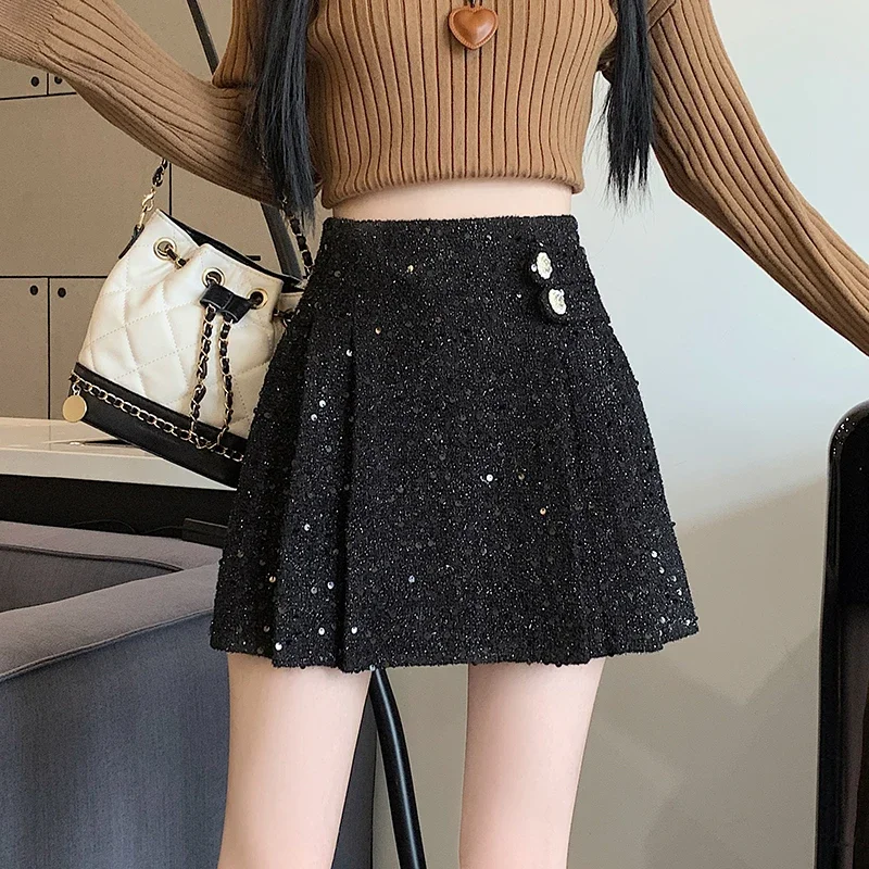 Mini Skirt Y2K Streetwear High Waist Sequined Tweed Pleated Skirts Women School Girl A-Line Skater Jupe Femme