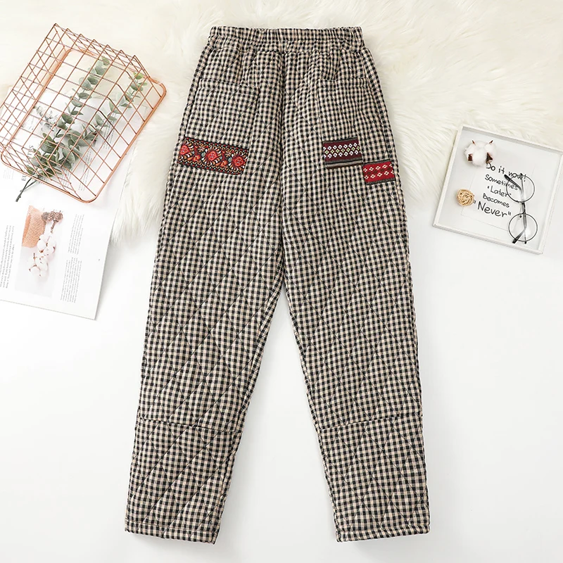 กางเกงขายาวทรงฮาร์ลานผ้าฝ้ายลายสก็อตย้อนยุคสำหรับผู้หญิง เอวสูง บุผ้าฝ้าย อุ่นสบาย เหมาะสำหรับฤดูใบไม้ร่วงและฤดูหนาว