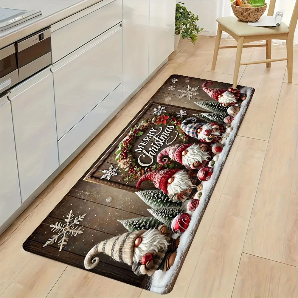 Christmas Gnomes Wood Grain Kitchen Mats Winter Snowflakes Entrance Non-slip Door Mat Balcony Hallway Rug Christmas Decorations