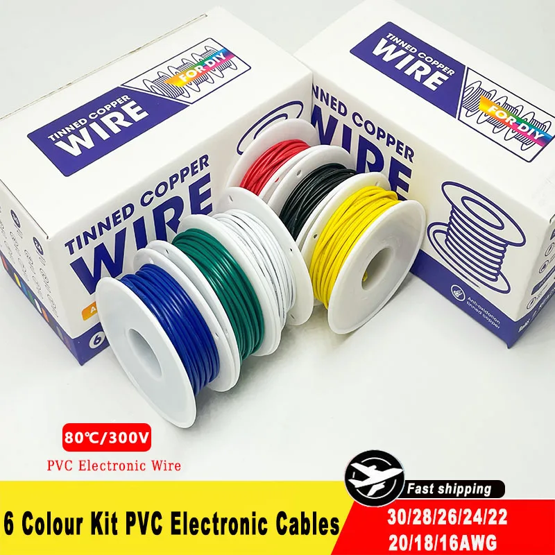 30AWG PVC Electronic Wire 28AWG 26AWG 24AWG 22AWG 20AWG 18AWG 16AWG 6 Colour Tinned Copper Electronic Stranded Wire Kit