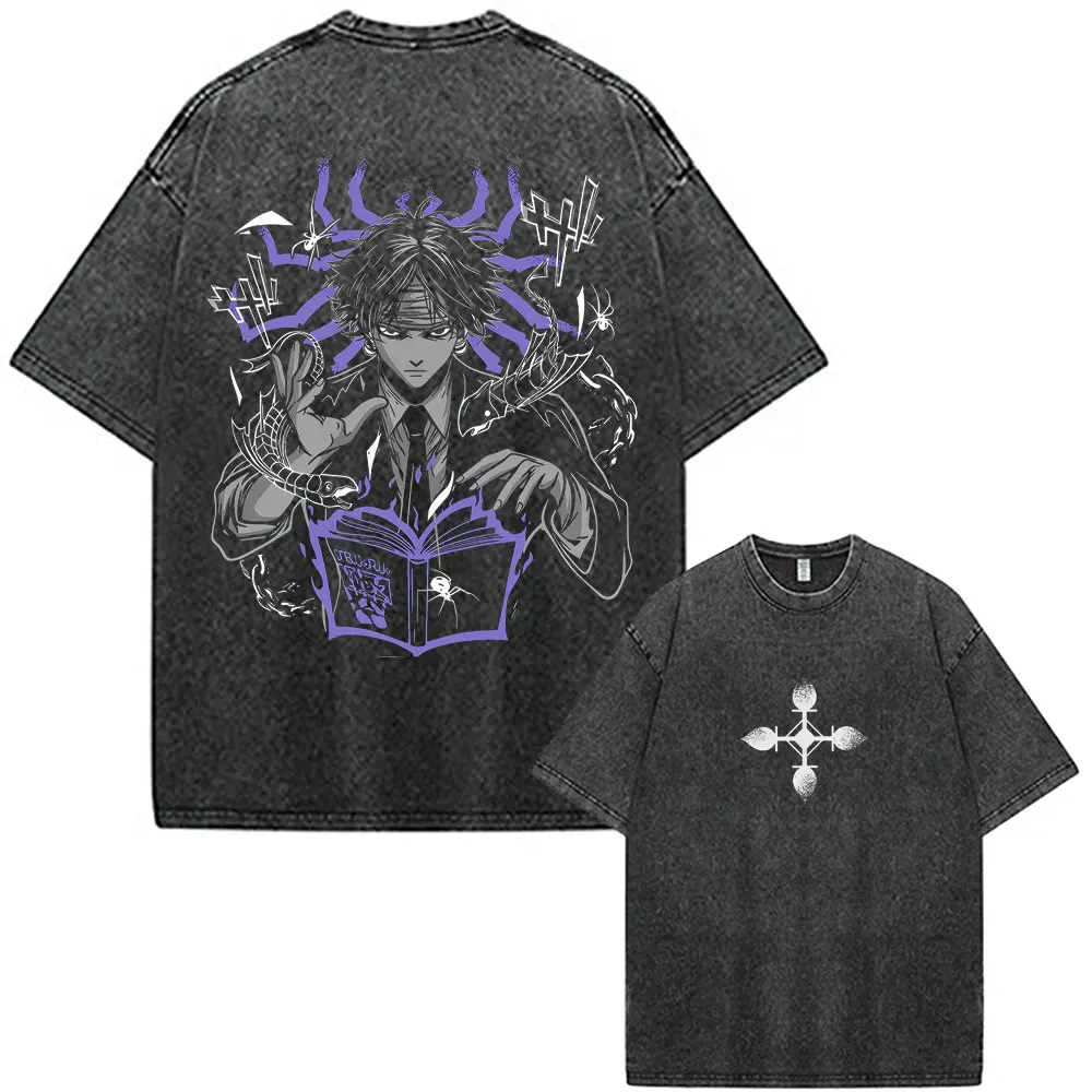 Vintage Washed Anime Hunter X Hunter Chrollo Lucilfer Phantom Troupe T-shirt Unisex Fashion Loose Cotton Short Sleeve T Shirt
