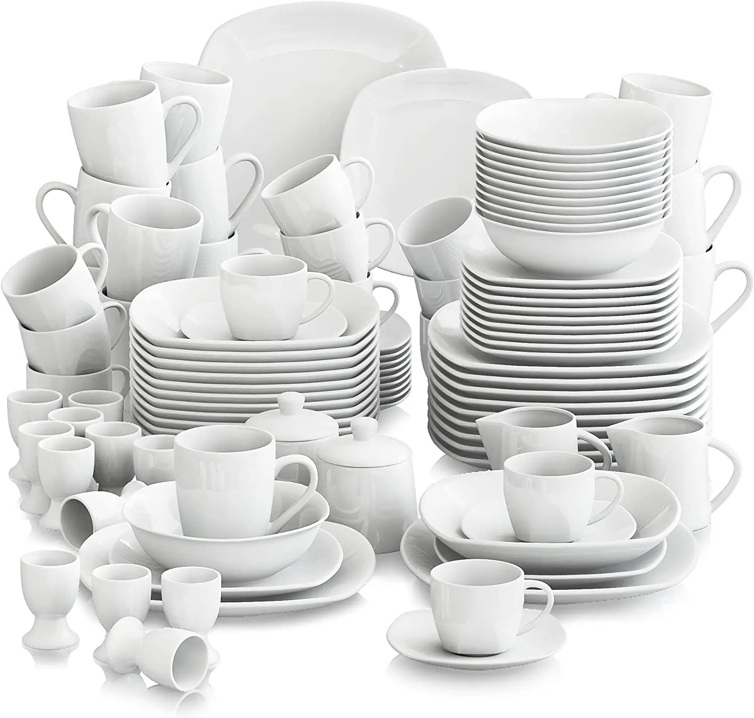 Dinnerware Sets 100-Piece Grey White Dish Set for 12 Square Dinner Set with Plates and Bowls Cups and Saucers Egg Cups Sugar Pot