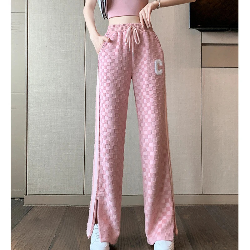 

Pink Checkerboard Plaid Weave Wide-leg Pants Women's 2022 sSpring and Summer New High Waist Zipper Split Casual Mopping Trousers