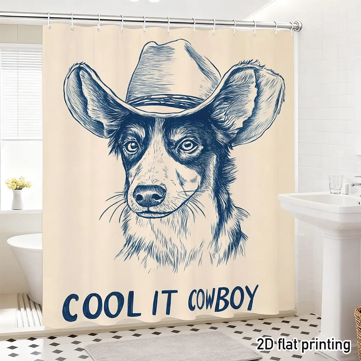 Cool It Cowboy Dog Shower Curtain, Blue Sketch Print Waterproof Bathroom Decor, Western Farmhouse Pet Lover Home Bath Screen