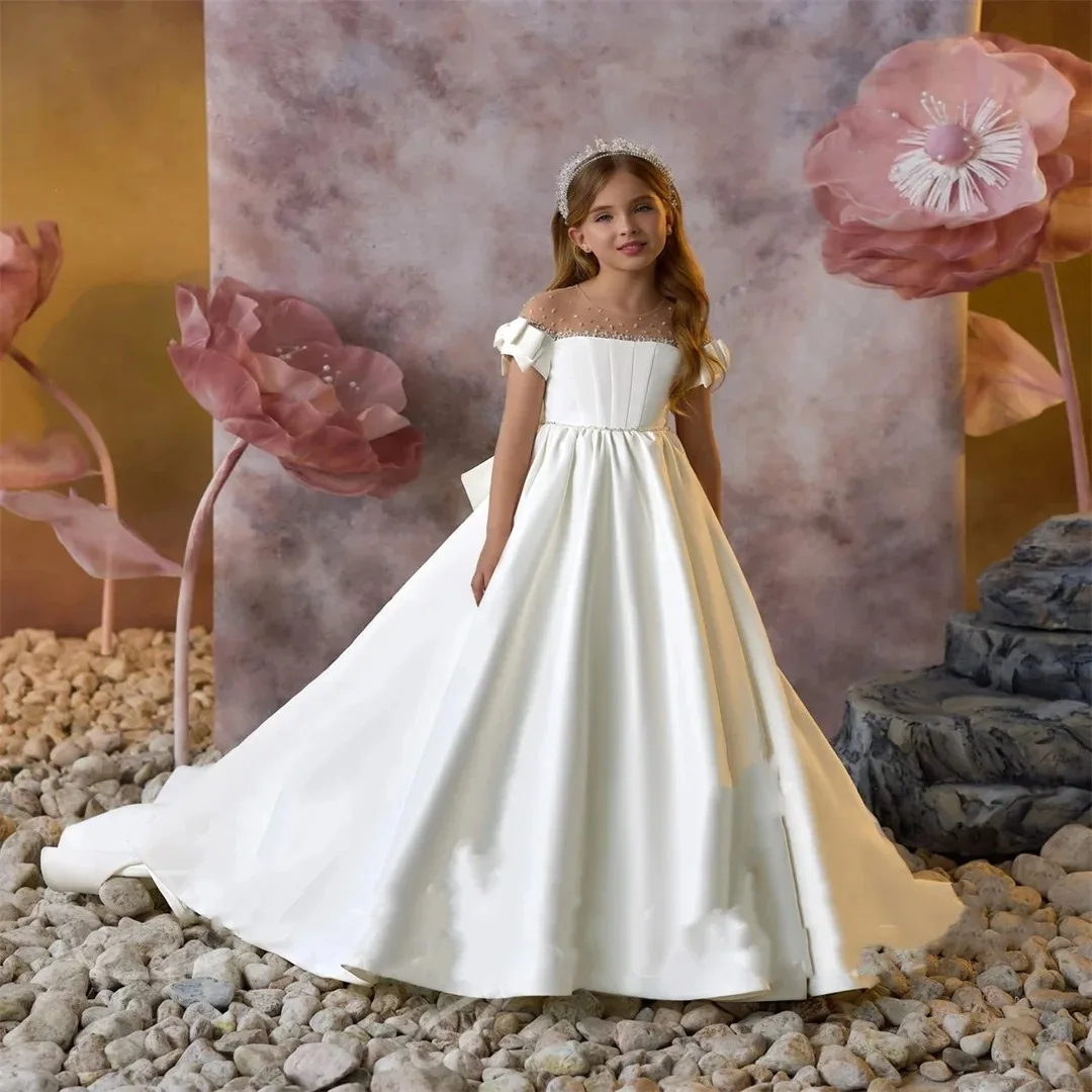 

Customized White Satin Flower Girl Dresses for Wedding With Bow Princess First Communion Kids Birthday Party Ball Gowns