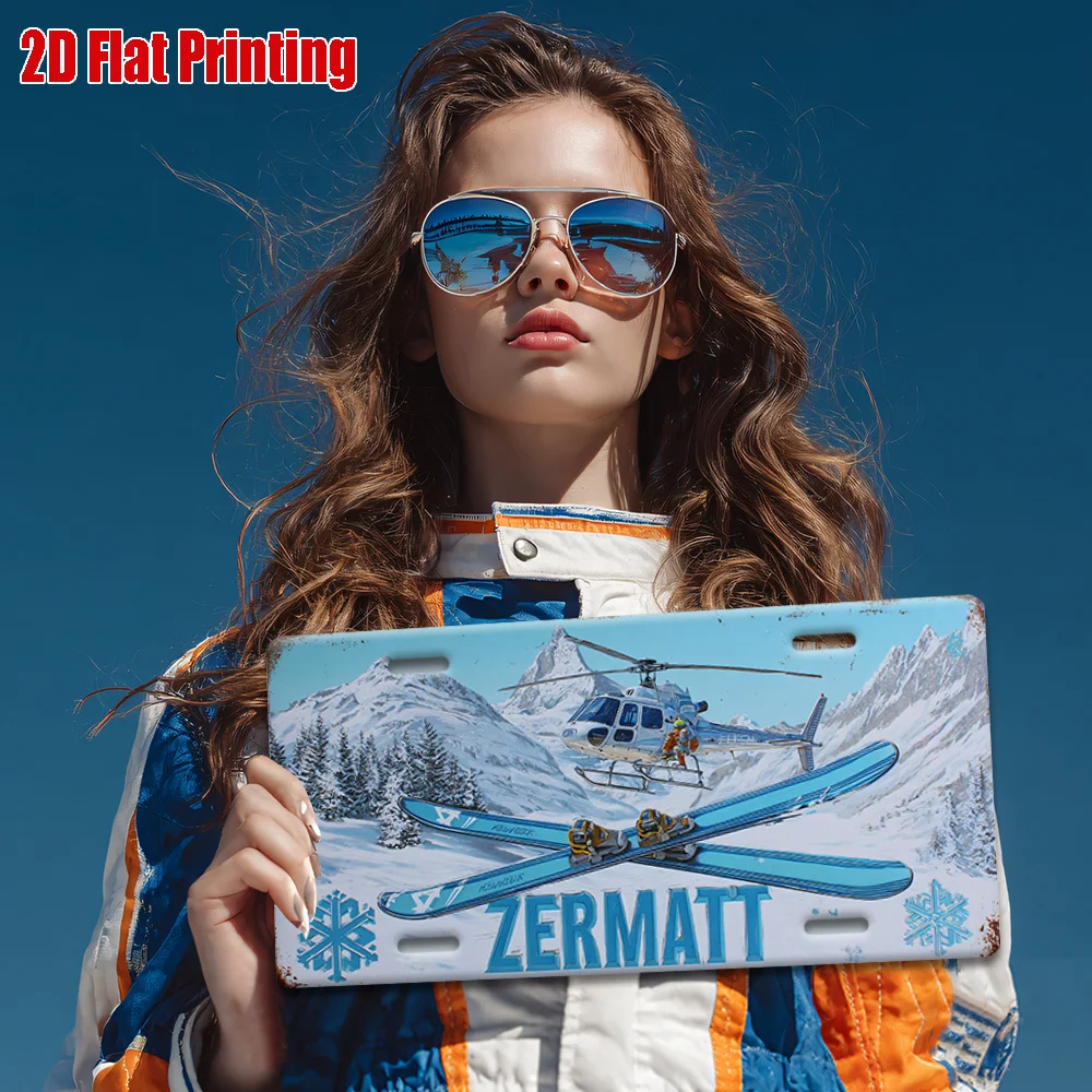 Printing, , Vintage Metal License Plate, Outdoor Wall Art , ZERMATT Aluminum Sign with Ski and Helicopter Scene, Great for Ho