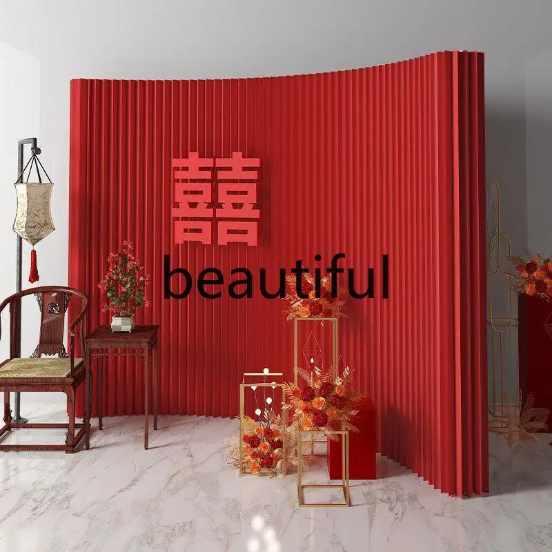 Red screen partition foldable background wall exhibition office mobile partition wall color paper wall telescopic