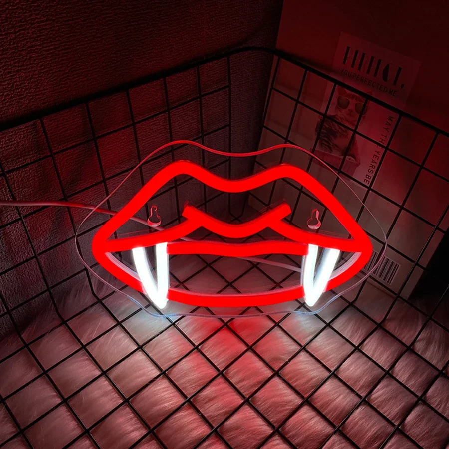 Powered By Usb, Used For Bedroom, Bar, Haunted House And Game Room Decor， Gothic Icon With Red Lips,Neon Sign Of Vampire Teeth.