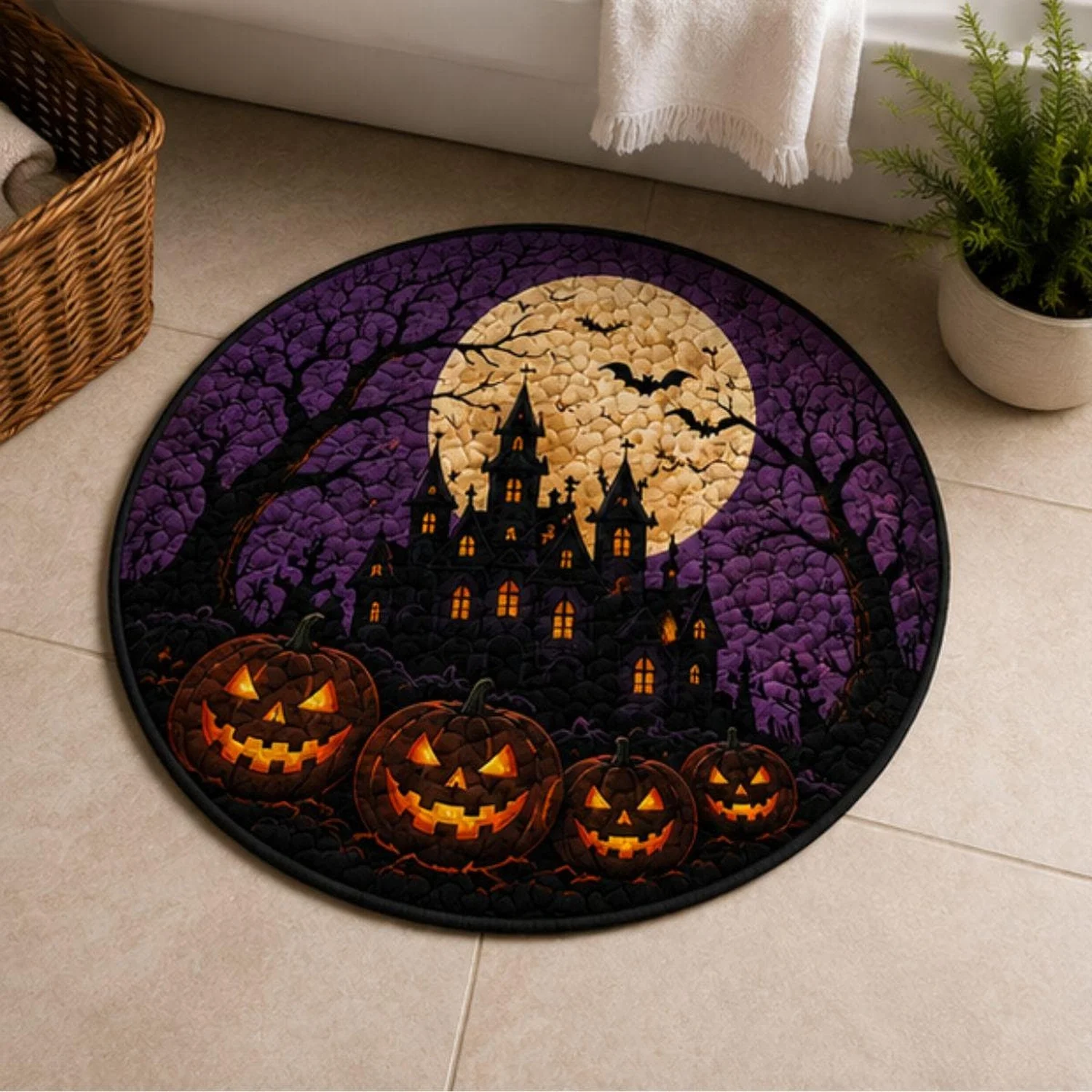Halloween Quilted Floor Mat, Round Pumpkin Haunted House Rug, Gothic Halloween Home Decor, Autumn Floor Mat, Spooky Season Decoration