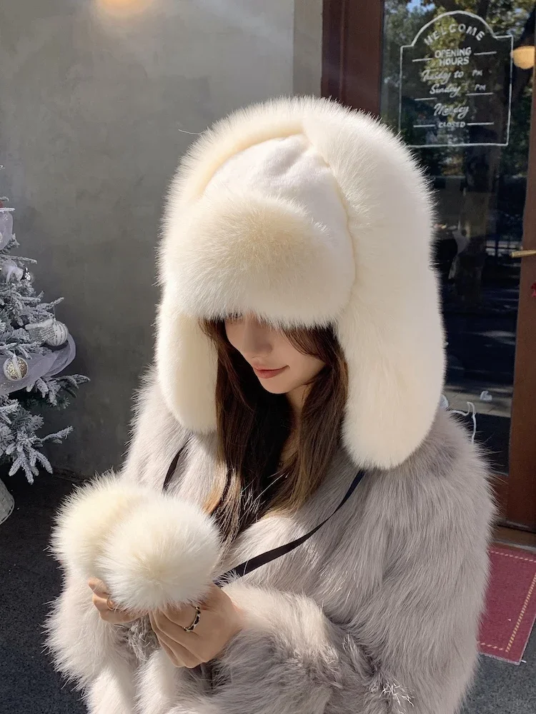 

Real Fox Fur Hat For women winter accessories with Rabbit Top bonnet with Tail Pompoms Russian Trapper Ski Hat Fall Bombers Cap