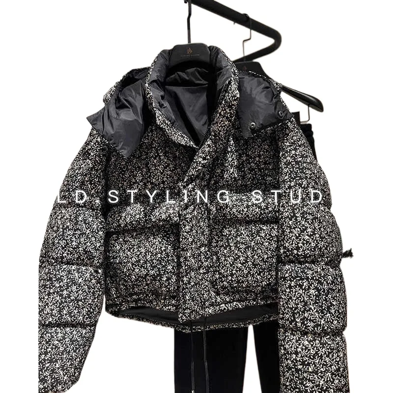 Advanced Sense Super Beautiful Black Floral Short Down Jacket Women's Winter 2024 New Small Fragrant Wind Hooded Thick Coat